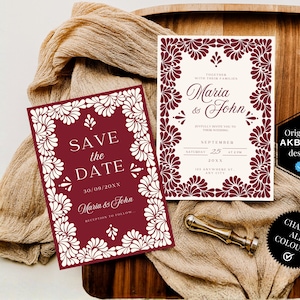 Burgundy Talavera Wedding Invitation & Save the Date Template Set | Elegant Mexican Wedding Invite | Canva Edit | Instant Download! - BDTL