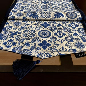 Table Runner, Mexican Talavera | Blue Table Runner | Cotton Canvas Table Runner | Tile Pattern Table Runner| Home decoration | Table linens