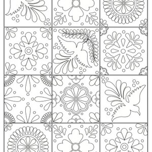 May include: A black and white illustration of a tile pattern with nine different designs. The designs include flowers, birds, and geometric shapes.