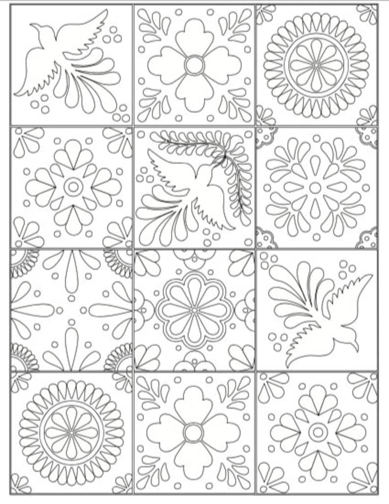 May include: A black and white illustration of a tile pattern with nine different designs. The designs include flowers, birds, and geometric shapes.