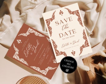 Puede incluir: Dos tarjetas de invitación de boda con un diseño floral en terracota y blanco. La tarjeta superior dice "Save the Date" con la fecha "30/09/2026" y los nombres "Estelle & David". La tarjeta inferior dice "Estelle & David" con la fecha "30 de septiembre de 2026" y la hora "14:00".
