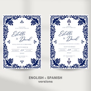 Customizable Mexican Wedding Invitation & Save the Date in Blue Talavera Design. Spanish and English version. DIY in Canva. Instant Download image 5