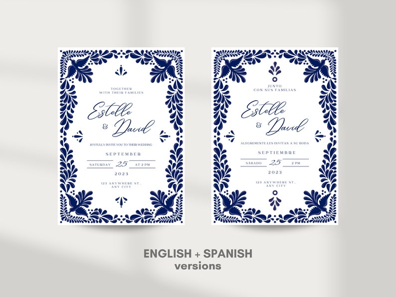 Customizable Mexican Wedding Invitation & Save the Date in Blue Talavera Design. Spanish and English version. DIY in Canva. Instant Download image 5