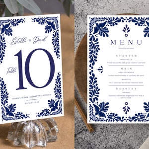 Talavera Wedding Table Numbers & Menus (Food+Drinks) Template Set | Elegant Mexican Wedding Talavera Signage | CanvaEdit | Instant Download