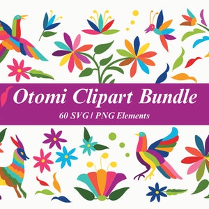 Mexikanisches Otomi Clipart Bundle - Buntes mexikanisches Blumenset SVG PNG. Cinco de Mayo Fiesta-Clipart. Mexiko-Otomi-Set. Digitaler Sofort-Download