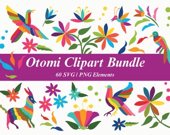 Mexican Otomi Clipart Bundle - Colorful Mexican Flower Set SVG PNG. Cinco de Mayo Fiesta clipart. Mexican Otomi Set. Digital Instant download