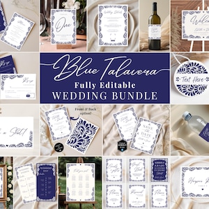 Puede incluir: Una colección de plantillas de papelería de boda imprimibles con un patrón de azulejos talavera azul y blanco. Las plantillas incluyen guardar la fecha, invitaciones, tarjetas RSVP, números de mesa, letreros de bienvenida y más.