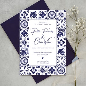 Customizable Mexican Wedding Invitation & Save the Date - Blue Talavera Design #2. Spanish + English version. DIY in Canva. Instant Download