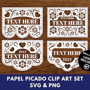 Puede incluir: Cuatro diseños de papel recortado en blanco con motivos florales, corazones y bordes festoneados, cada uno con el texto "TEXT HERE". Una insignia circular negra en la esquina inferior derecha contiene el texto "SMALL BUSINESS LICENSE INCLUDED!"