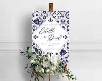 Mexican Talavera Wedding Welcome Sign Template - Blue Talavera Mosaics #2 - Easy to edit with Canva. Instant Download