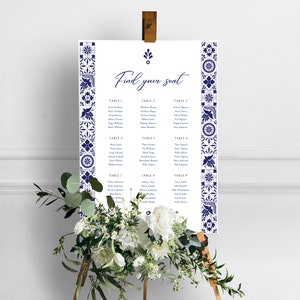 Mexican Talavera Wedding Seating Chart Set of 6 different Templates - Blue Talavera #1 - Easy to edit with Canva. Instant Download