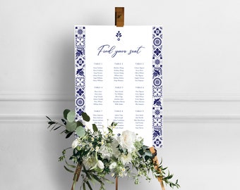Mexican Talavera Wedding Seating Chart Set of 6 different Templates - Blue Talavera #1 - Easy to edit with Canva. Instant Download