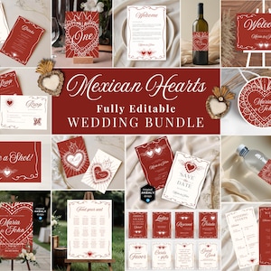 May include: A collection of red and white wedding stationery with a Mexican Hearts theme. Includes invitations, RSVP cards, welcome signs, wine labels, and table cards. The text "Mexican Hearts Fully Editable Wedding Bundle" is displayed.