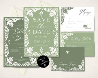 Puede incluir: Un conjunto de invitaciones de boda con fondo verde y diseños florales blancos. El texto de las invitaciones dice "Save the Date" y "Wedding Details".