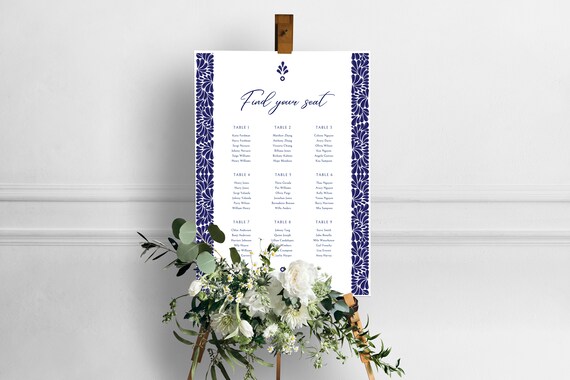Mexican Talavera Wedding Seating Chart Set of 6 different Templates - Blue Talavera #2 - Easy to edit with Canva. Instant Download