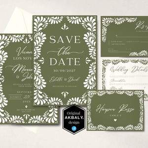 Green Talavera Wedding Invitation Template Set | Talavera Wedding Invites | Papel Picado Wedding Stationary | CanvaEdit | Instant Download!