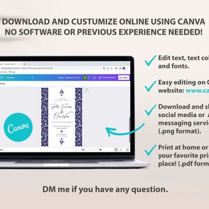 May include: A laptop screen displaying a wedding invitation template in Canva. The invitation features a navy blue and white floral design with the text "Peter Fernandez & Olivia Wilson". The text "Download and customize online using Canva. No software or previous experience needed!" is displayed above the laptop.