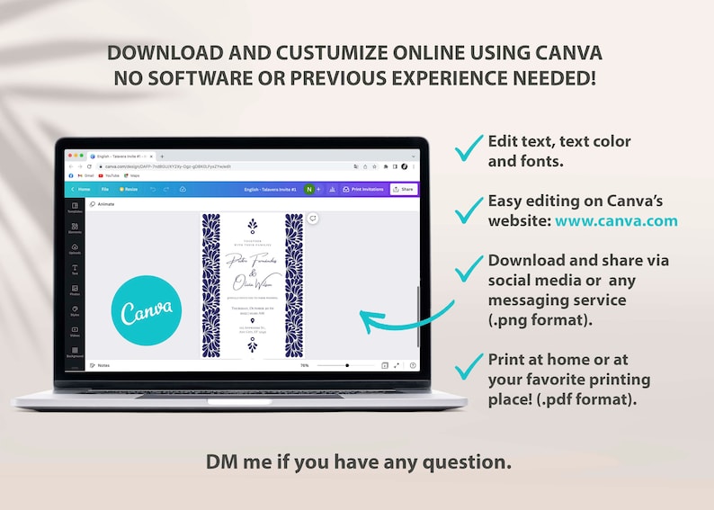 May include: A laptop screen displaying a wedding invitation template in Canva. The invitation features a navy blue and white floral design with the text "Peter Fernandez & Olivia Wilson". The text "Download and customize online using Canva. No software or previous experience needed!" is displayed above the laptop.