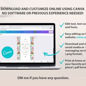 May include: A laptop screen displaying a colorful wedding invitation with a floral design. The invitation is being edited on Canva's website. The text on the invitation reads "Peter Fernandez & Olivia Wilson".