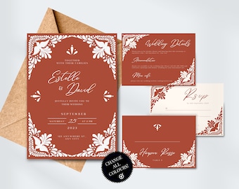 Wedding Template Bundle | Modern Mexican Talavera Inspired Wedding Signage, Place Card, RSVP, Details | Easy Canva Edit | Instant Download!