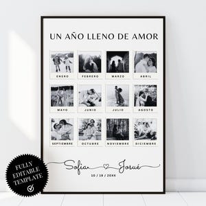 Puede incluir: Impresión enmarcada en blanco y negro con doce pequeños cuadrados de fotos, cada uno etiquetado con un mes. El texto "UN AÑO LLENO DE AMOR" está en la parte superior. Debajo de las fotos están los nombres "Sofia" y "Josué" con un símbolo de corazón y la fecha "10/19/20XX".