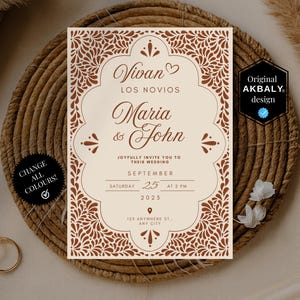 May include: A wedding invitation with a decorative brown border and text. The invitation reads "Vivan Los Novios Maria & John" and includes the date September 25, 2025. The design includes the text "Change All Colours!" and "Original AKBALY design."