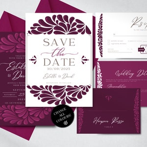 Puede incluir: Invitación de boda "Save the date" con un diseño floral burdeos. La invitación incluye la fecha, 30/09/2025, los nombres Estelle & David, y el texto "Recepción a continuación".
