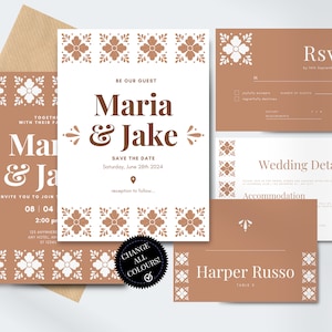 Puede incluir: Conjunto de invitaciones de boda con un patrón floral marrón y blanco. La invitación dice "Sean nuestros invitados Maria & Jake Guardar la fecha Sábado, 28 de junio de 2024 recepción a seguir..." e incluye una tarjeta RSVP y una tarjeta de detalles de la boda.