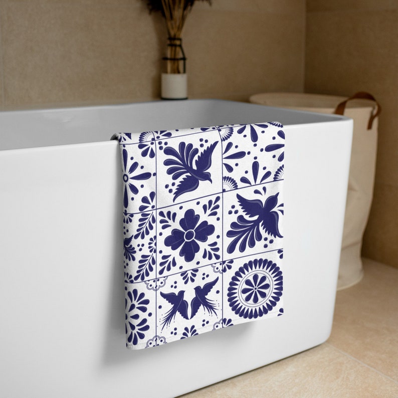 Towel with Mexican Talavera Design Add a touch of Mexican elegance to your bathroom with this super soft and cozy towel. Get yours now image 1