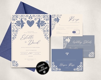 Romantisches Hochzeitseinladungs-Vorlagenpaket | French Blue Suite RSVP, Tischkarte, Details, Dankesbrief | CanvaEdit | Sofortdownload!