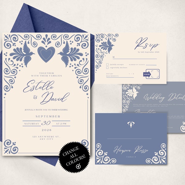 Romantic Wedding Invitation Templates Bundle | French Blue Suite RSVP, Place Card, Details, Thank You Note | Canva Edit | Instant Download!