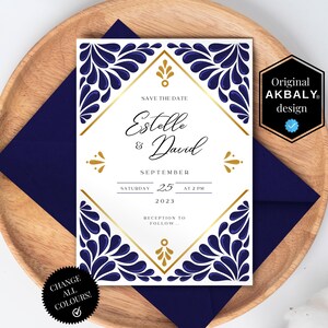 Wedding Invitation & Save the Date Template Set, Mexican Talavera Inspired | Elegant Mexican Wedding Invite | Canva Edit | Instant Download!