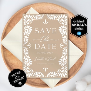 Modelo de reserva de data para casamento em Talavera | Elegante cartão de reserva de data para casamento em Talavera | Confetes de casamento | Edição Canva | Download instantâneo