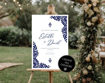 Modèle de panneau de bienvenue pour mariage mexicain Talavera – Talavera bleu « Feuilles » n° 1 – Modifiable facilement avec Canva. Téléchargement instantané.