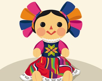 Mexikanischer María-Puppen-Vektor – ideal zum Bedrucken von T-Shirts, Tragetaschen, Tassen und mehr | ClipArt | SVG-Datei | PNG | EPS | Adobe Illustrator | Bearbeitbare Datei