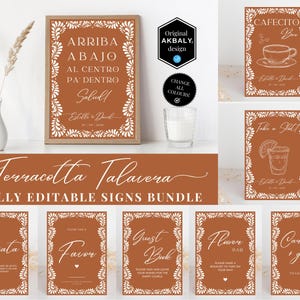 Puede incluir: Un conjunto de 10 carteles de boda imprimibles de talavera terracota con bordes florales blancos. Los carteles incluyen texto en espa&ntilde;ol e ingl&eacute;s, como "Arriba Abajo", "Take a Shot", "Guest Book", "Cards + Gifts" y "La Pinata".