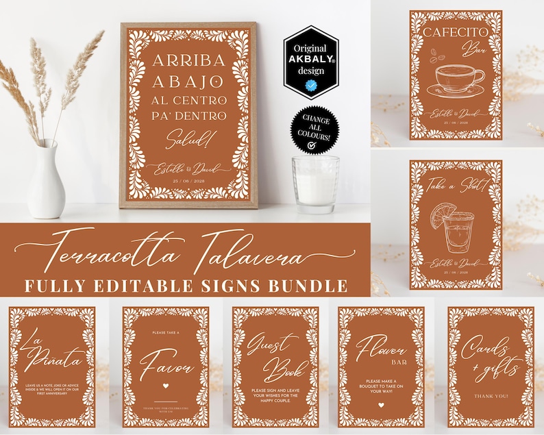 Puede incluir: Un conjunto de 10 carteles de boda imprimibles de talavera terracota con bordes florales blancos. Los carteles incluyen texto en espa&ntilde;ol e ingl&eacute;s, como "Arriba Abajo", "Take a Shot", "Guest Book", "Cards + Gifts" y "La Pinata".