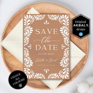 Modelo de reserva de data para casamento em Talavera | Cartão de reserva de data para casamento em argila Talavera | Confetes de casamento | Edição Canva | Download instantâneo!