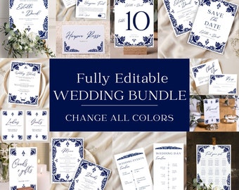 May include: A collection of printable wedding stationery templates featuring a blue and white tile pattern. The templates include save the date cards, wedding invitations, table numbers, menus, and more.