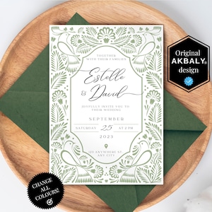 Sage Green Wedding Invitation & Save the Date Templates | Romantic Floral - Birds Talavera | Wedding Invites | Canva Edit | Instant Download