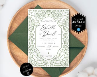Puede incluir: Una invitación de boda verde y blanca con un diseño floral y los nombres Estelle & David. La invitación incluye la fecha, la hora y el lugar de la boda.