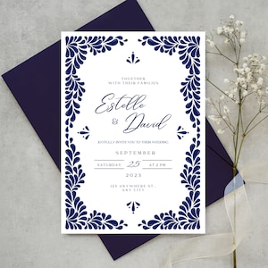 Customizable Mexican Wedding Invitation & Save the Date in Blue Talavera Design. Spanish and English version. DIY in Canva. Instant Download image 1