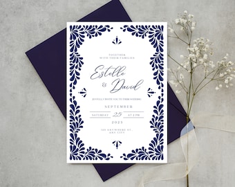 Customizable Mexican Wedding Invitation & Save the Date in Blue Talavera Design. Spanish and English version. DIY in Canva. Instant Download