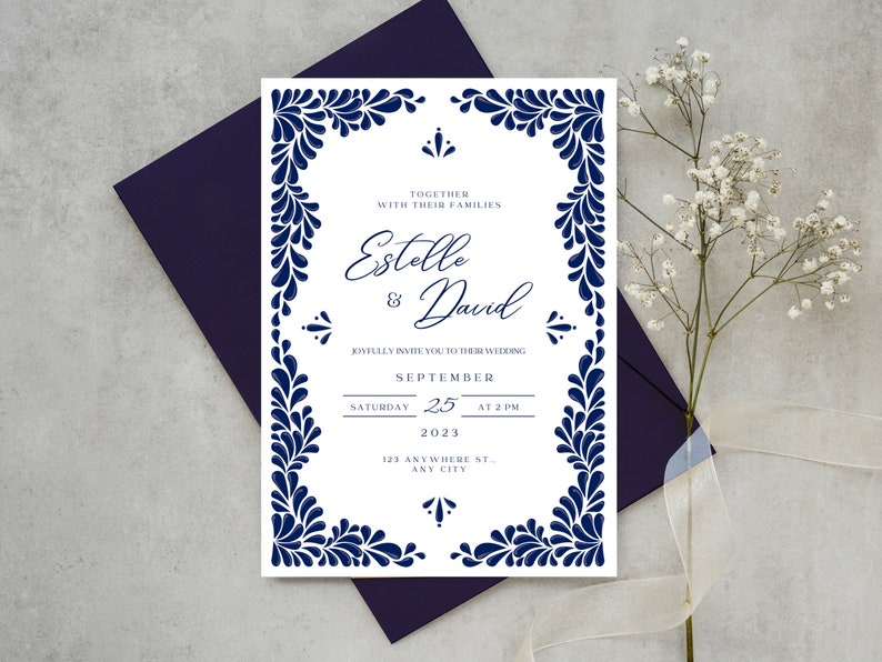 Customizable Mexican Wedding Invitation & Save the Date in Blue Talavera Design. Spanish and English version. DIY in Canva. Instant Download image 1