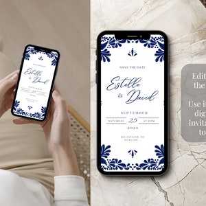 Customizable Mexican Wedding Invitation & Save the Date in Blue Talavera Design. Spanish and English version. DIY in Canva. Instant Download image 6