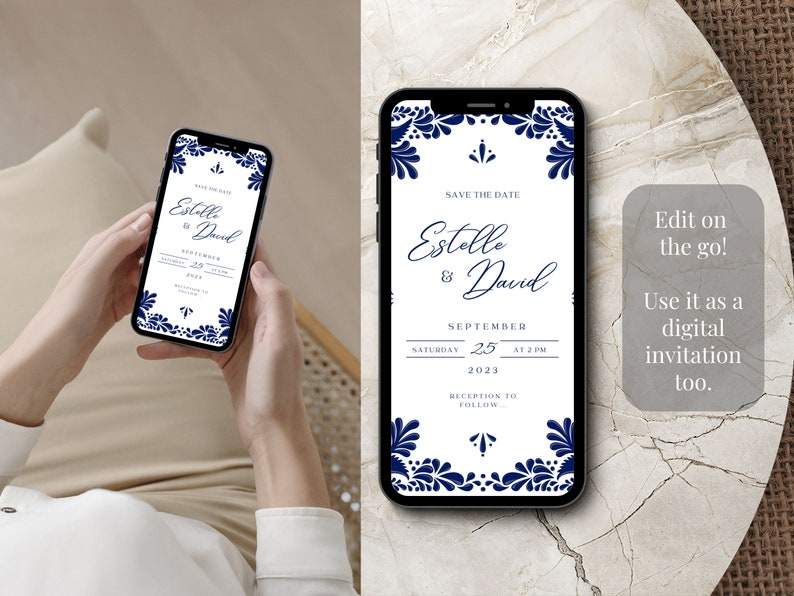 Customizable Mexican Wedding Invitation & Save the Date in Blue Talavera Design. Spanish and English version. DIY in Canva. Instant Download image 6