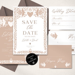 Talavera Wedding Invitation Template Bundle | Boho Mexican Wedding Suite | Invite, RSVP, Details, Place Card | Canva Edit | Instant Download