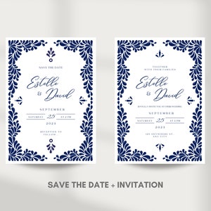 Customizable Mexican Wedding Invitation & Save the Date in Blue Talavera Design. Spanish and English version. DIY in Canva. Instant Download image 2