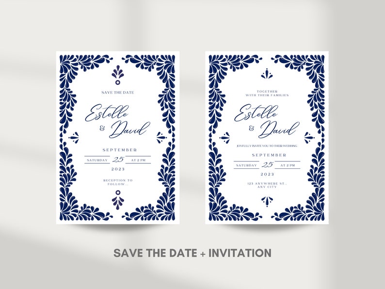 Customizable Mexican Wedding Invitation & Save the Date in Blue Talavera Design. Spanish and English version. DIY in Canva. Instant Download image 2