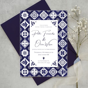 Customizable Mexican Wedding Invitation & Save the Date - Blue Talavera Design #6. Spanish + English version. DIY in Canva. Instant Download